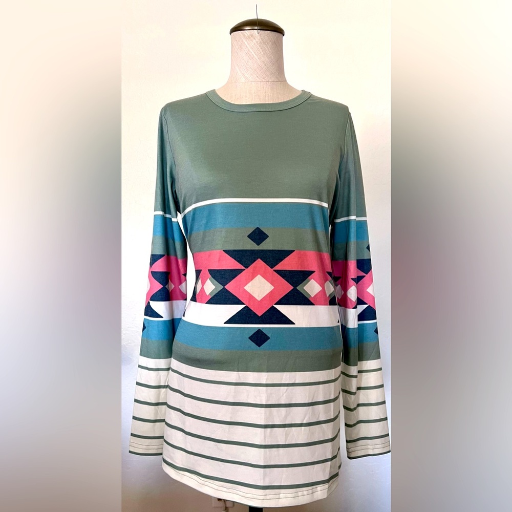 New w/tags, Small, Long sleeve top, sage stripes on cream base w/aztec designs.